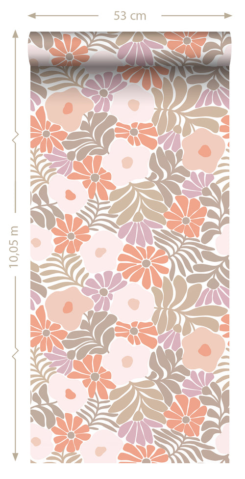 ESTAhome behang bloemen in Matisse stijl oranje, paars en licht roze - 50 x 900 cm - 131003 - vtwonen shop