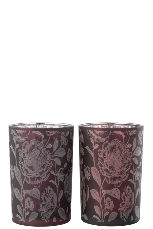 J-Line windlicht Bloemen - glas - paars/zilver - large - 2 stuks