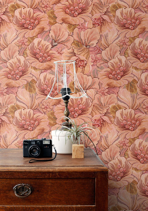 ESTAhome behang geborduurd bloemmotief terracotta roze - 50 x 900 cm - 131294