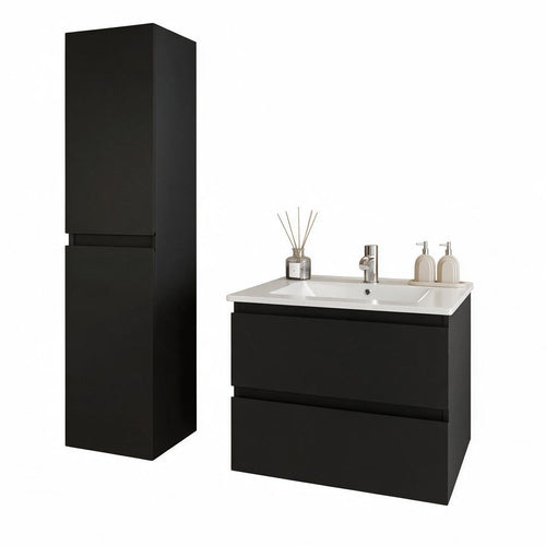 LOMAZOO badmeubelset Verona - met hoge kast & witte wastafel - mat zwart - 60 cm