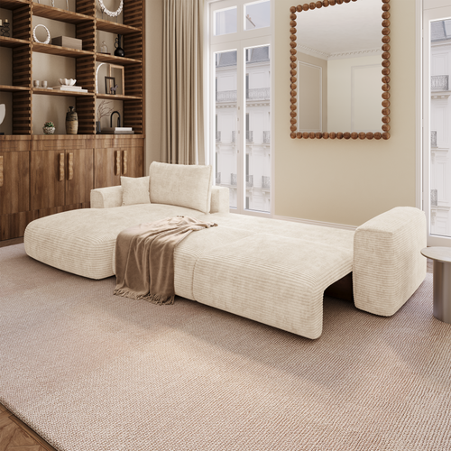 Premium Interiors - Linkshoekbank met slaapfunctie en opbergruimte COMO - corduroy beige 297cm