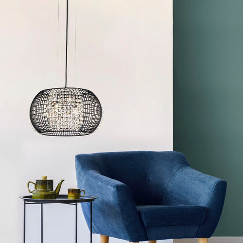 Searchlight CAGE - Hanglamp van 4 licht zwart drum met kristallen glazen panelen