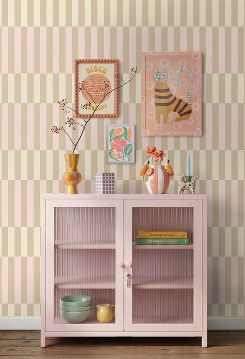 ESTAhome behang linnen-look strepen lichtgroen en licht roze - 50 x 900 cm - 132251