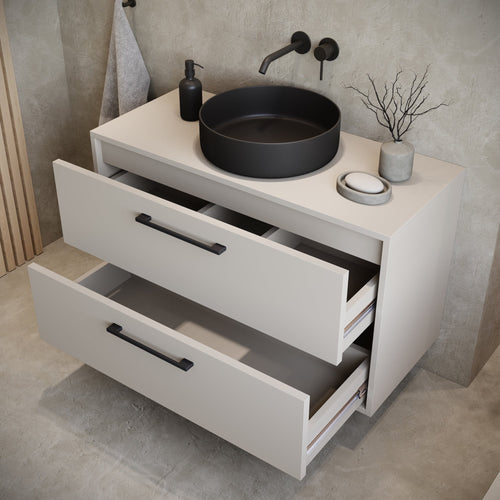 Badplaats Wastafelkast Florence 80 x 46 cm – Beige – Hangend Badmeubel met 2 Lades en Zwarte Handgrepen