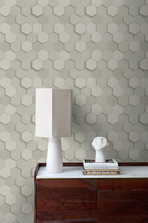 Origin Wallcoverings behang 3d hexagon motief lichtgrijs - 53 cm x 10.05 m - 347850