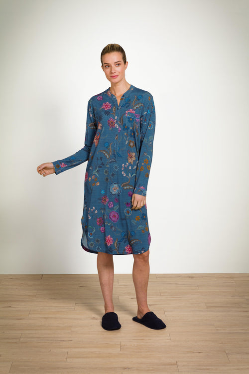 Pip Studio - Diogo Nachthemd Lange Mouw Dames - Coco Flower - Blauw - XL - vtwonen shop