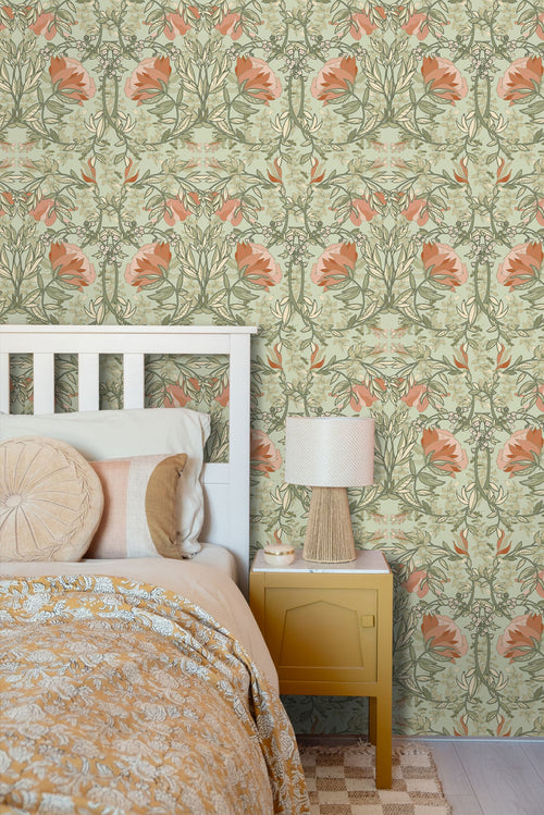 ESTAhome behang vintage bloemen in art nouveau stijl groen en terracotta - 50 x 900 cm - 131852