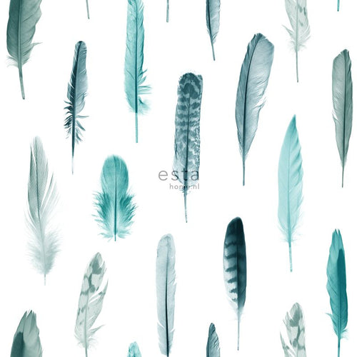ESTAhome behang veren turquoise en mat wit - 53 cm x 10.05 m - 138895