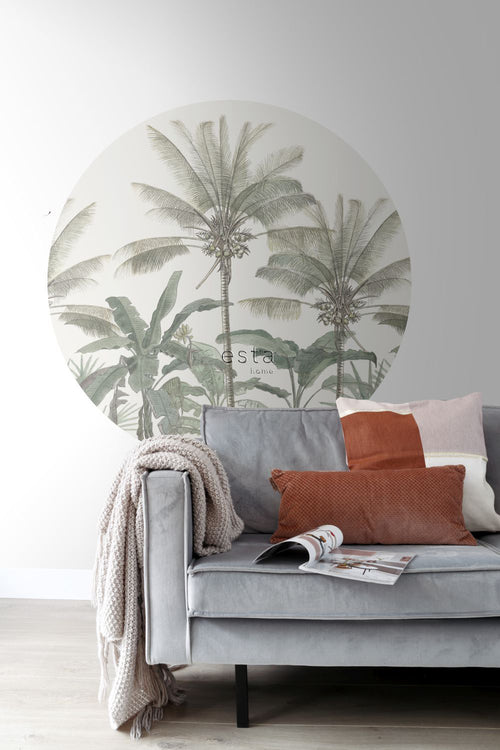 ESTAhome zelfklevende behangcirkel palmbomen lichtbeige en vergrijsd groen - Ø 140 cm - 159007