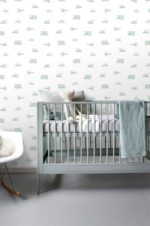 ESTAhome behang auto's, brandweerauto's, helikopters en kranen groen 53 cm x 10.05 m 128856
