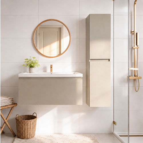 LOMAZOO badmeubelset Sorrento - met hoge kast & witte wastafel - greige - 100 cm