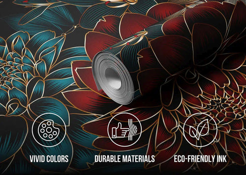 Sanders & Sanders fotobehang bloemen donkerblauw, rood en goud - 375 x 270 cm - 601461