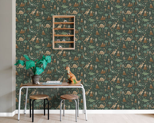 ESTAhome behang dinosaurussen donkergroen en bruin - 53 cm x 10.05 m - 139802