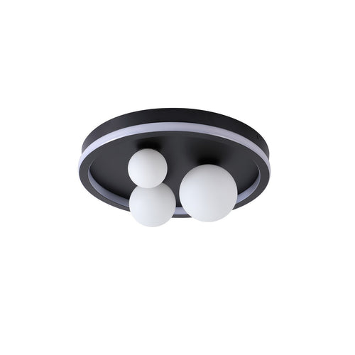 Searchlight Trident 3-lichts LED-plafondlamp, zwarte metalen en opaalglazen bollen