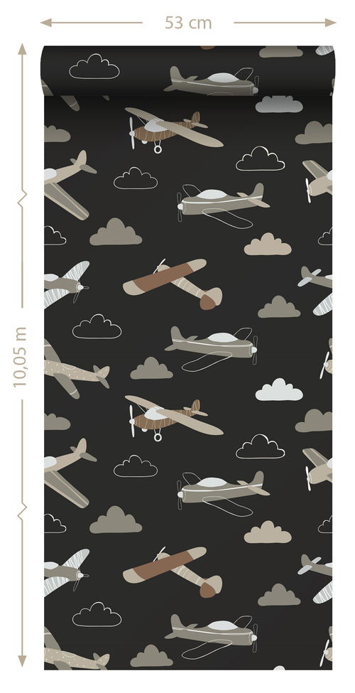 ESTAhome behang vliegtuigen zwart en bruin - 50 x 900 cm - 139805 - vtwonen shop