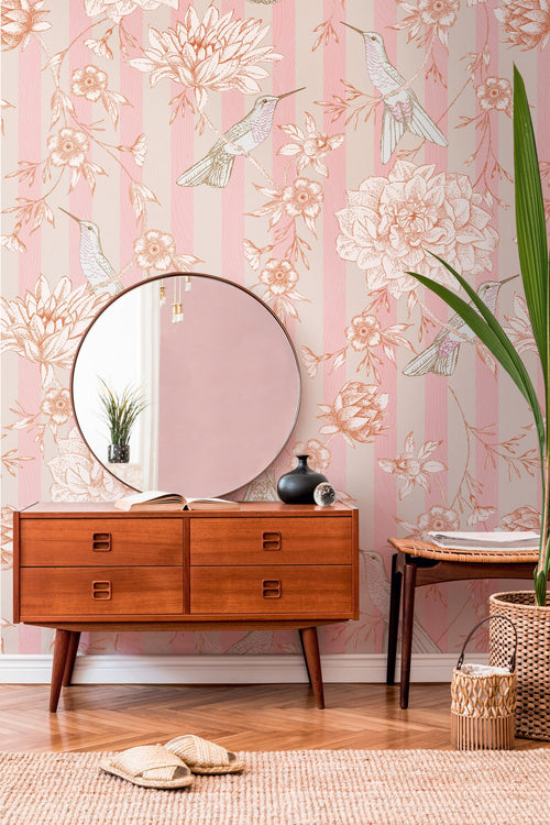 Livingwalls fotobehang bloemen en vogels roze, beige en oranje - 159 x 280 cm - AS-392021 - vtwonen shop