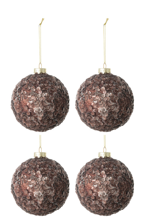 J-Line kerstbal Paillettensuiker - glas - donkerbruin - medium - doos van 4