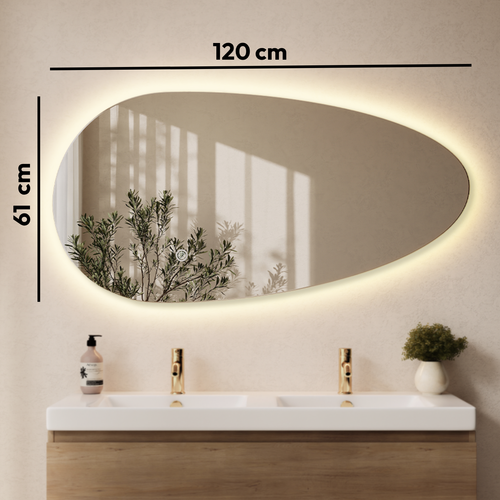 LOMAZOO badkamerspiegel Adana - organisch - met LED verlichting & spiegelverwarming - asymmetrisch - 120 x 61 cm