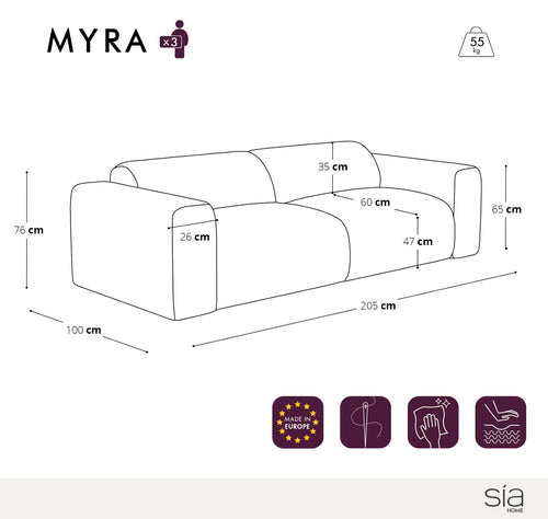 Sia Home - Bank MYRA - getextureerd fluweel grijs 205cm
