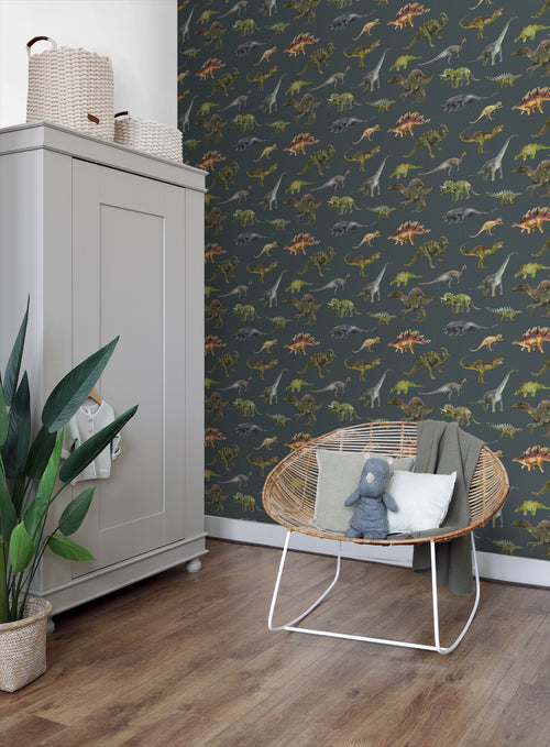 Sanders & Sanders behang dinosaurussen donkerblauw en groen - 50 x 900 cm - 935370