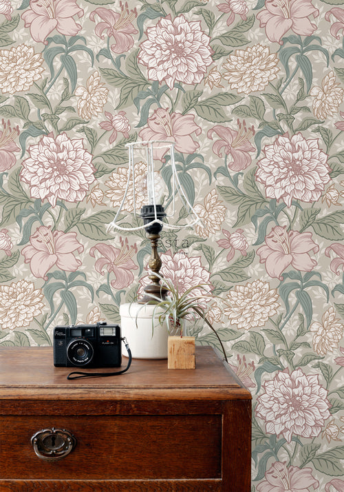 ESTAhome behang vintage bloemen oudroze en vergrijsd groen - 53 cm x 10.05 m - 139377