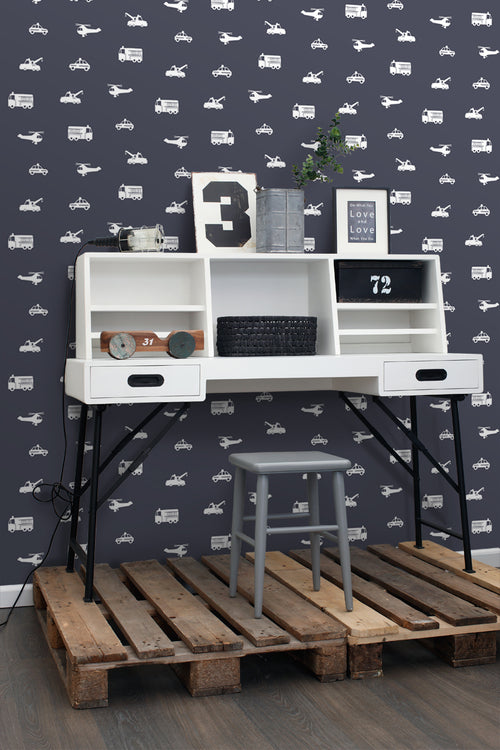 ESTAhome behang auto's, brandweerauto's, helikopters en kranen blauw 53 cm x 10.05 m 138916