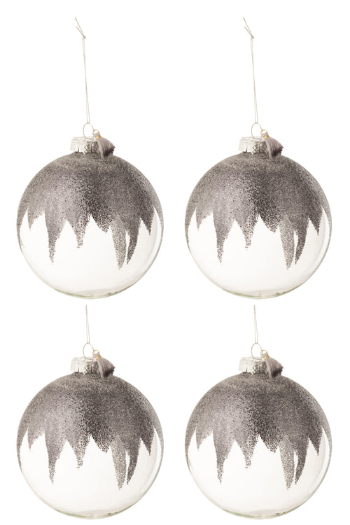 J-Line kerstbal Glitter Mini Kwast - glas - grijs/transparant - large - doos van 4