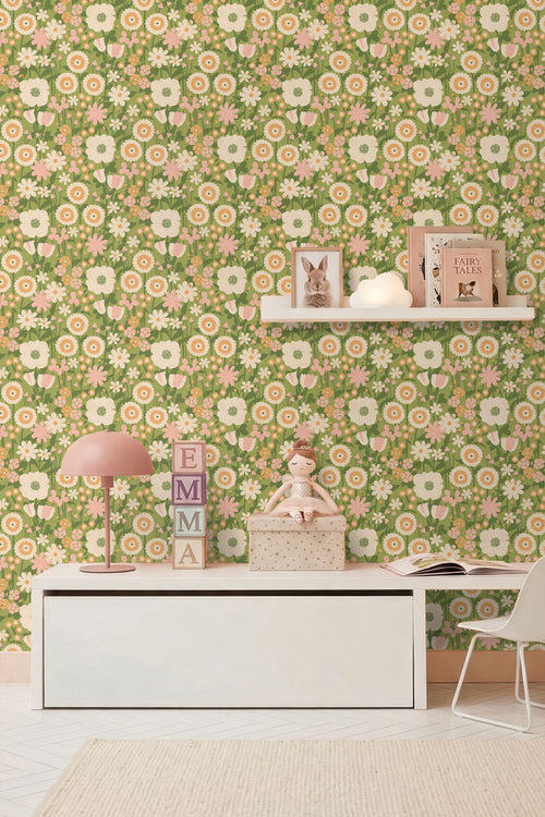 ESTAhome behang retro bloemen groen, roze en oranje - 50 x 900 cm - 132160