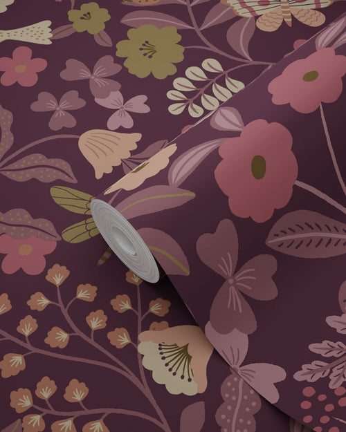 ESTAhome behang bloemen en vogels aubergine paars - 0.53 x 10.05 m - 131639