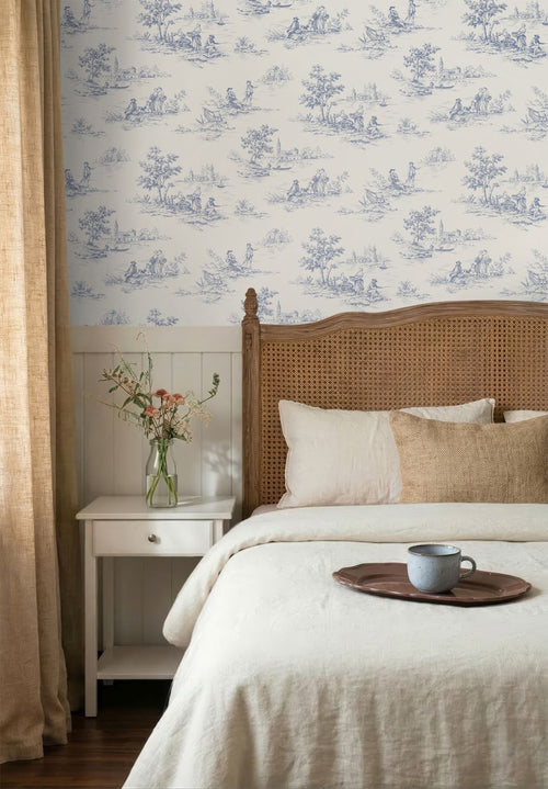 ESTAhome behang toile de jouy print blauw en wit - 50 x 900 cm - 132110