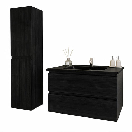 LOMAZOO badmeubelset Verona - met hoge kast & zwarte wastafel - mat zwart - 80 cm