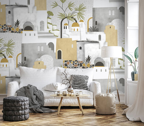Sanders & Sanders fotobehang mediterrane huisjes grijs en geel - 318 x 280 cm - 640829