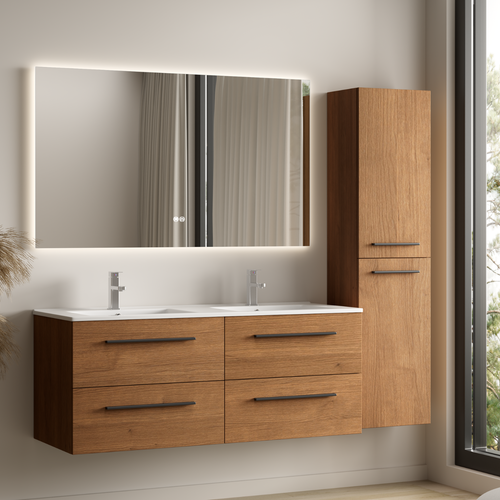 LOMAZOO badmeubelset Navero - met hoge kast & witte wastafel - warm eiken - 120 cm