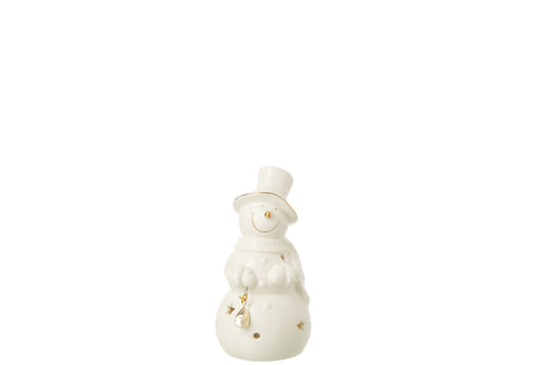 J-Line figuur Sneeuwman - porselein - ecru - small - LED lichtjes