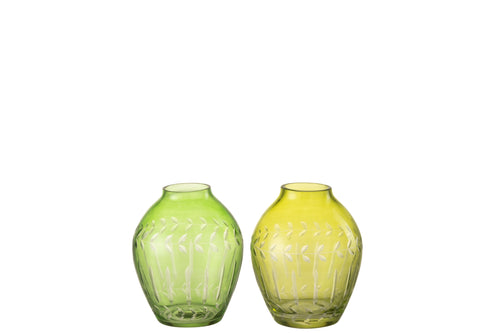 J-Line vaas Bol Bladeren - glas - groen - 2 stuks -  Ø 9.5 cm