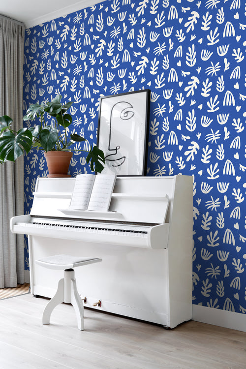 ESTAhome behang planten in Matisse stijl blauw en wit - 50 x 900 cm - 131020