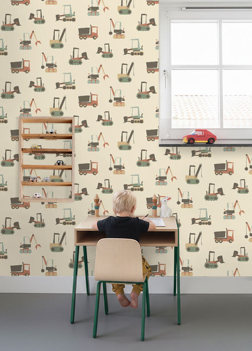 ESTAhome behang voertuigen beige, terracotta en blauw - 50 x 900 cm - 132244