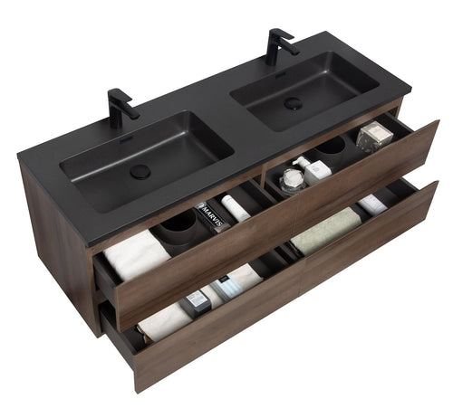 Badplaats Badkamermeubel Set Angela 140 cm – Bruin Eiken – Badmeubel met Zwarte Wastafel