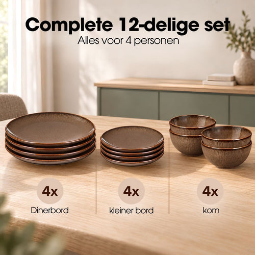 Mica Decorations Nusa Set Bruin 12-delig - Serviesset met Warme Uitstraling - Borden en Soepkommen van Steengoed voor Dagelijks Gebruik - Afmeting 28