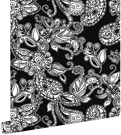 ESTAhome behang funky bloemen en paisleys zwart en wit - 53 cm x 10.05 m - 136844