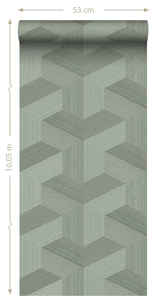 Origin Wallcoverings behang grafisch 3D motief vergrijsd groen - 53 cm x 10.05 m - 347951