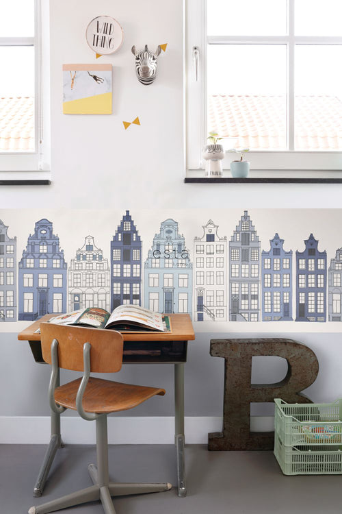 ESTAhome XXL behangrand Amsterdamse huizen blauw - 430 x 50 cm - 157713