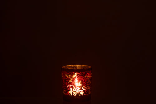 J-Line windlicht Blaadjes - glas - rood/goud - small