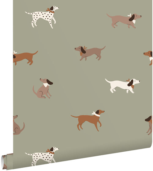 ESTAhome behang honden groen en bruin - 50 x 900 cm - 131382