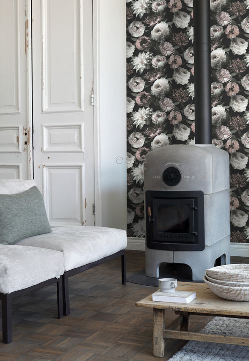ESTAhome behang bloemen zwart, wit en zacht roze - 0,53 x 10,05 m - 139169 - vtwonen shop