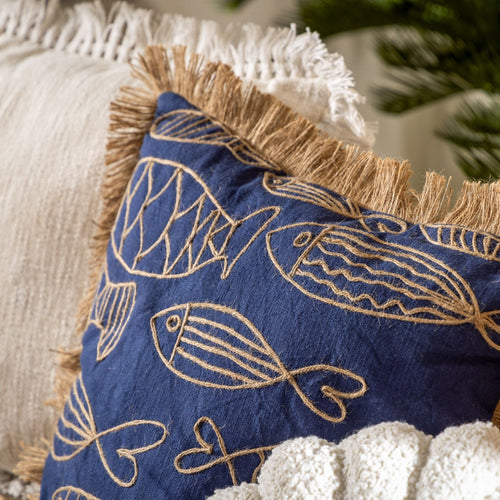 NEMO - sierkussen 45x45 cm - gerecycled - jute franjes - Spellbound - blauw