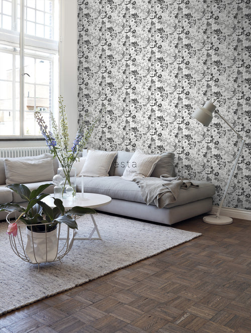 ESTAhome behang bloemen zwart en wit - 53 cm x 10.05 m - 138503 - vtwonen shop