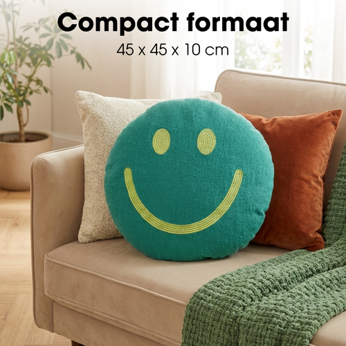 Mica Decorations Smiley Sierkussen - Kussen met Kussenhoes - Woondecoratie Woonkamer - Ø45 x 10 cm - Katoen, Polyester - Groen