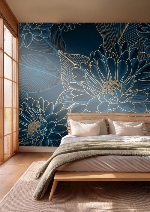 Sanders & Sanders fotobehang bloemen blauw en goud - 375 x 270 cm - 601456