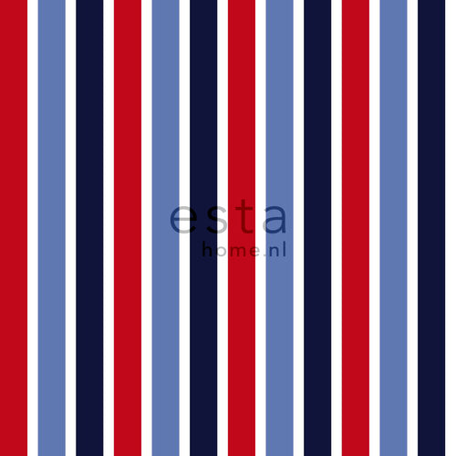 ESTAhome behang verticale strepen donkerblauw, rood en wit - 53 cm x 10.05 m - 138705